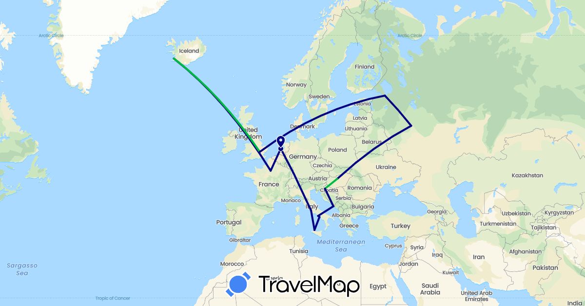 TravelMap itinerary: driving, bus in France, United Kingdom, Croatia, Hungary, Iceland, Italy, Netherlands, Russia (Europe)
